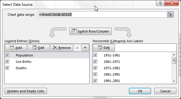 Serie de date a intervalului de date Excel