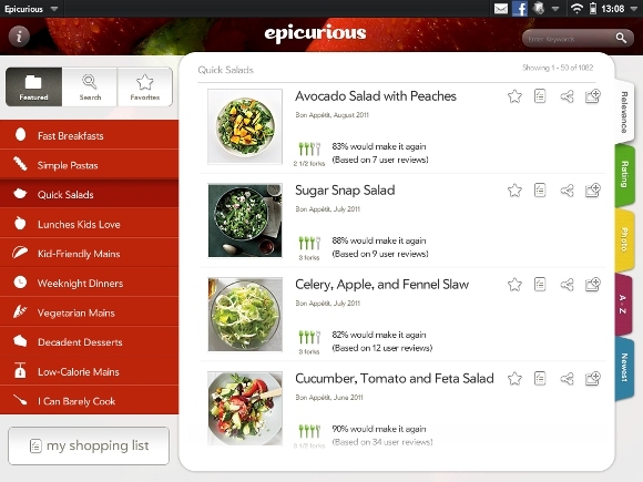 Epicurios: o aplicație gratuită pentru rețete și lista de cumpărături [iOS, WebOS, Android + Mai multe] quicksalads pentru tablete