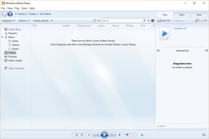 Interfață Windows Media Player 12