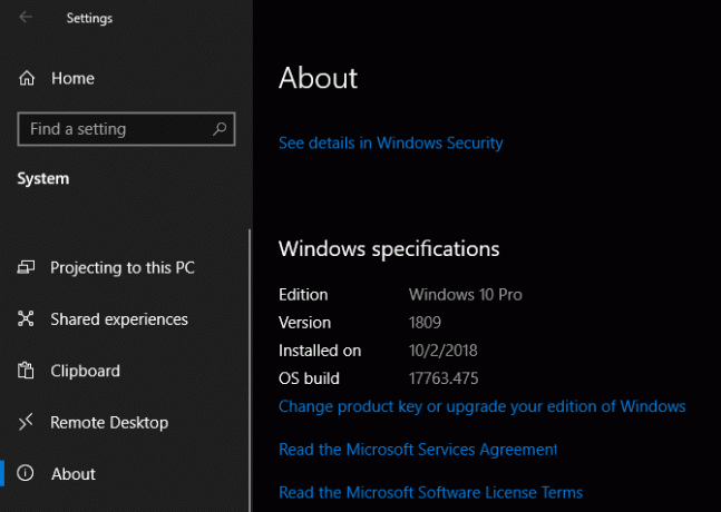 Setări de specificații Windows 10