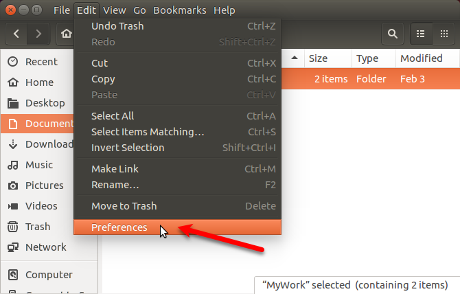Accesați Editare> Preferințe în Nautilus în Ubuntu