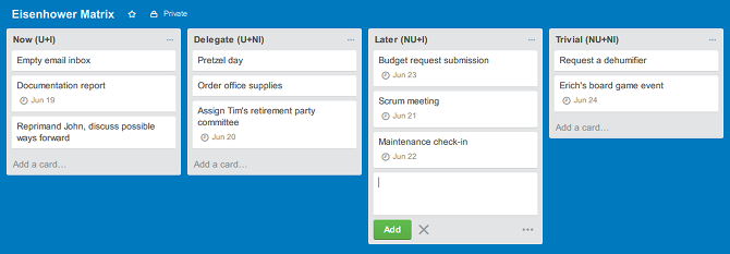 Cum să prioritizați sarcinile cu sistemul de productivitate al matricii Eisenhower Exemplu de matrice trello eisenhower