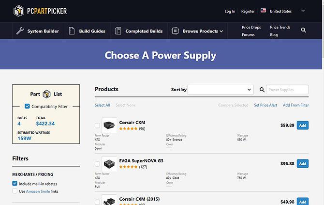 Utilizarea PC Part Picker - navigarea pentru o componentă