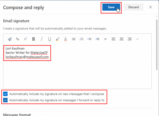 Creați o semnătură și faceți clic pe Salvați în Outlook în Office 365