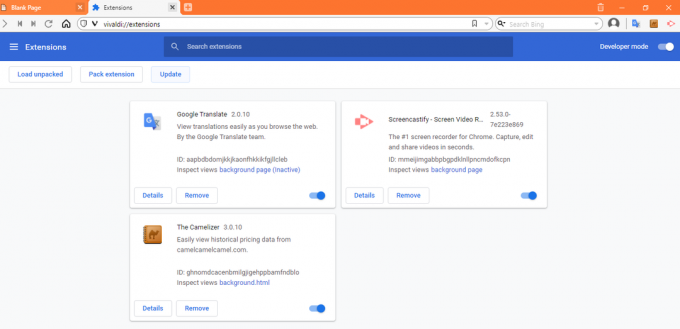 Captură de ecran a modului Dezvoltator în Extensiile Vivaldi