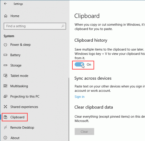 Activați istoricul Clipboard-ului utilizând Setările PC-ului în Windows 10