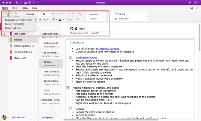 instrumente de formatare în OneNote Mac