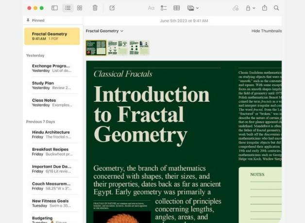 Apple Notes pe Mac cu bară laterală și PDF afișat