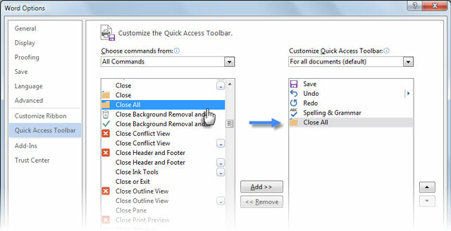Word 2013 Închideți toate comanda
