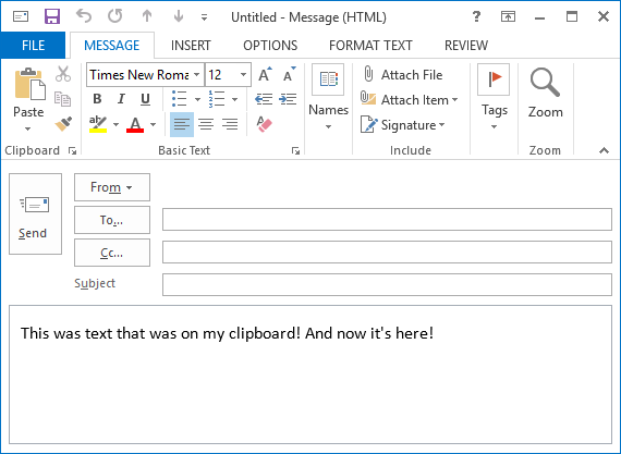 Outlook clipboard paste