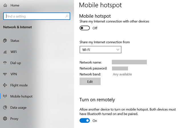 Windows 10 meniul de setări pentru hotspot mobil