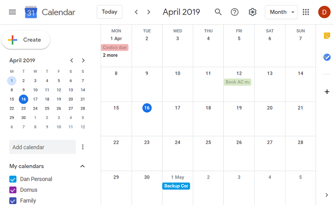 aplicația web Google Calendar