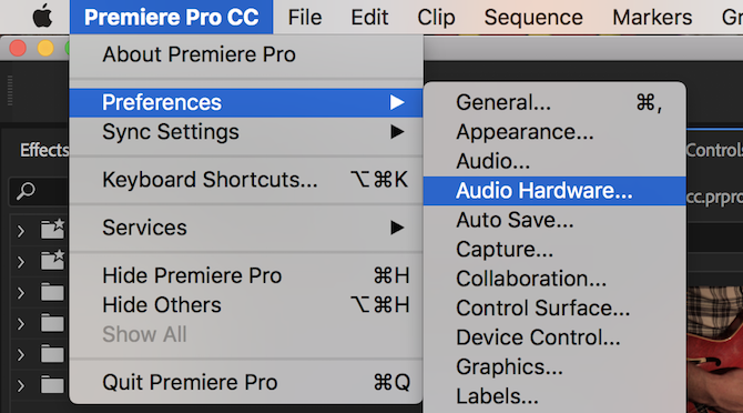 Meniul hardware audio Premiere Pro