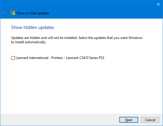 Windows 10 Afișează actualizări ascunse