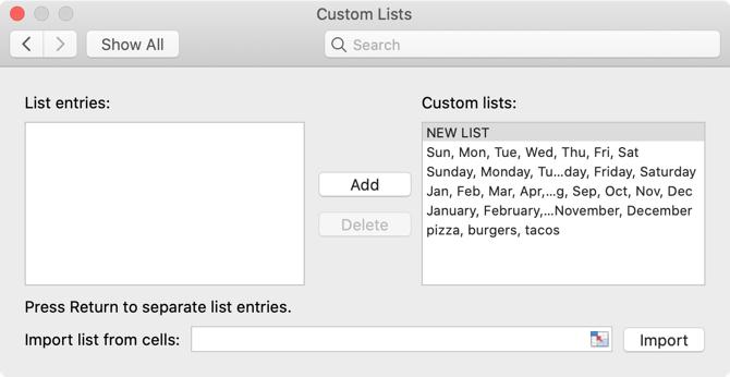 Casetă de dialog cu liste de personalizare Mac
