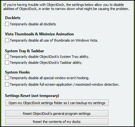 ObjectDock: Personalizați rapid desktopul și măriți funcționalitatea [Windows] Opțiuni de soluționare a problemelor cu Setări obiectDock