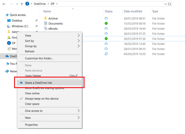 onedrive share meniu