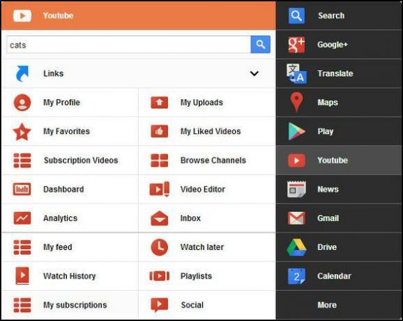 Meniu negru: accesați toate serviciile Google într-un singur meniu [Chrome] meniu extins YouTube