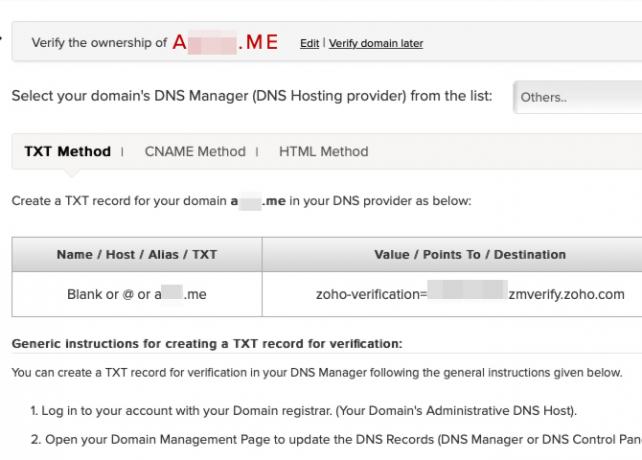 Instrucțiunile Zoho pentru verificarea domeniului