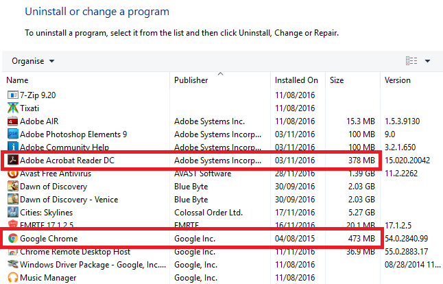 chrome vs acrobat size