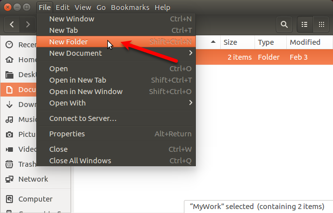 Accesați Fișier> Folder nou în Nautilus în Ubuntu