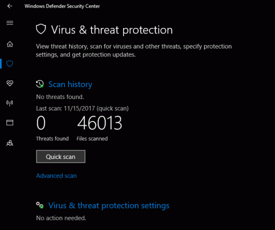 Windows Defender Center Security Security and Virreat Protection