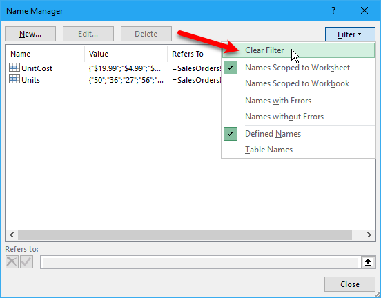 Ștergeți Filtru în caseta de dialog Manager de nume