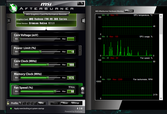 Captura de ecran a programului msi afterburner