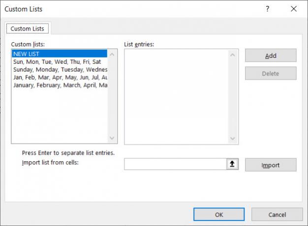 Caseta de dialog a listelor personalizate Windows