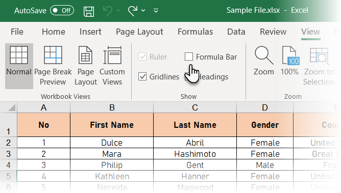 Ascundeți bara de formule folosind fila Vizualizare din Excel