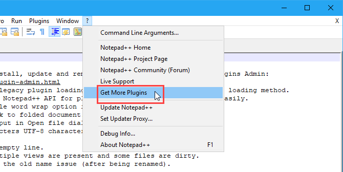 Selectați Obțineți mai multe pluginuri din meniul Help din Notepad ++