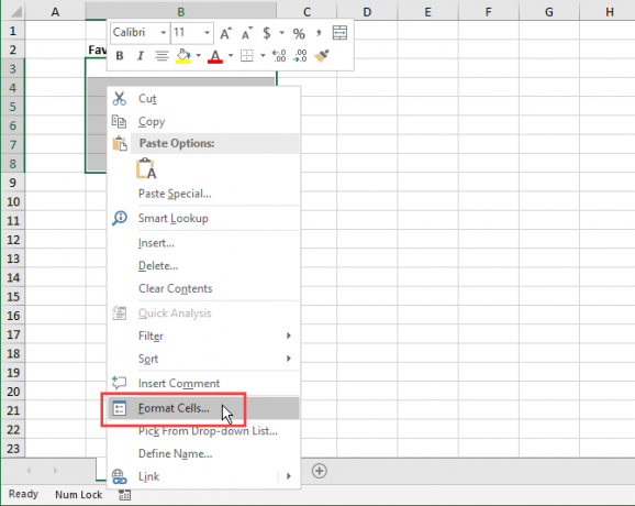 Selectați Format Cells din meniul contextual din Excel