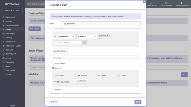 ProtonMail creează un filtru personalizat