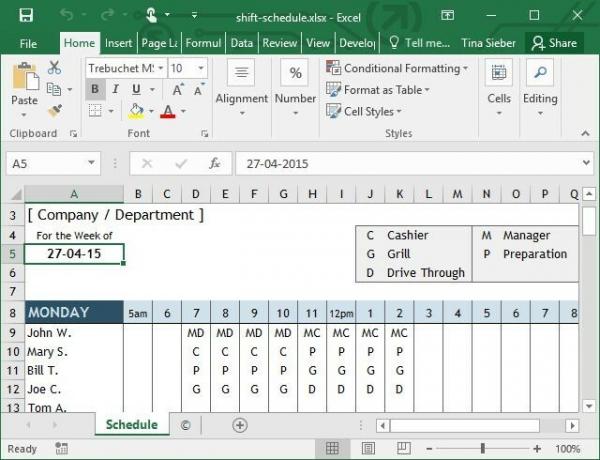 Shift Schedule Excel Model