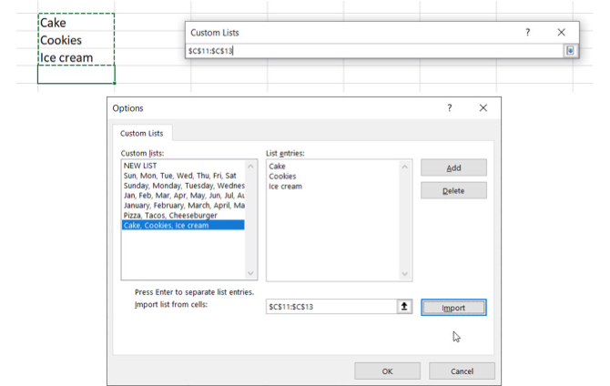 Excel Personalizează celule de importare listă
