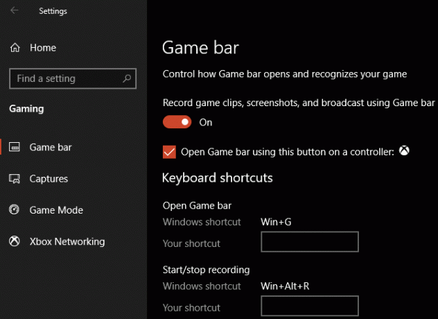 Setări pentru barele de jocuri Windows 10