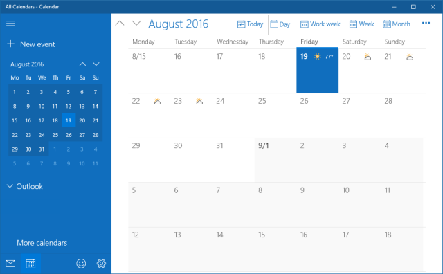 Aplicația calendaristică Windows 10