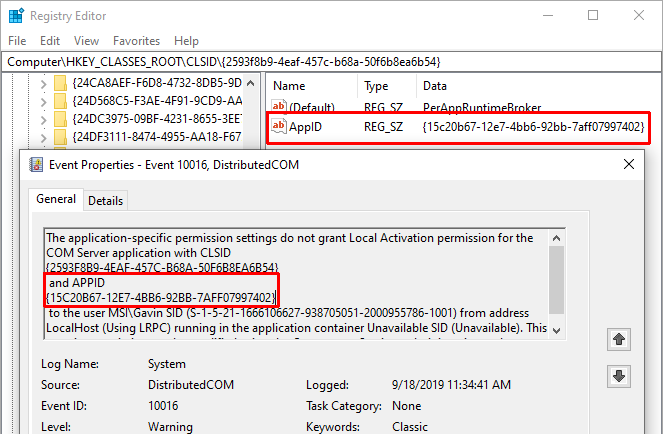 dcom eroare 10016 Windows registru se potrivește cu APPID