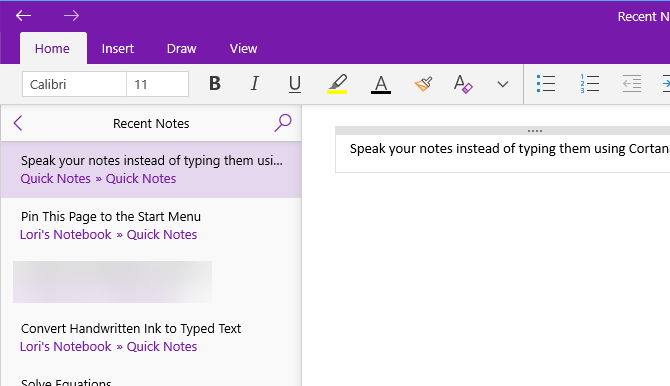 Notă adăugată la OneNote folosind Cortana