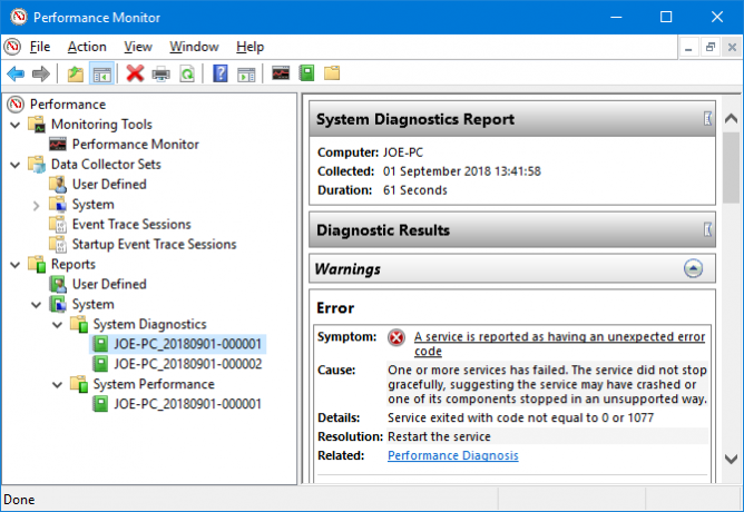 Windows 10 Performance Monitor rezultate de diagnostic