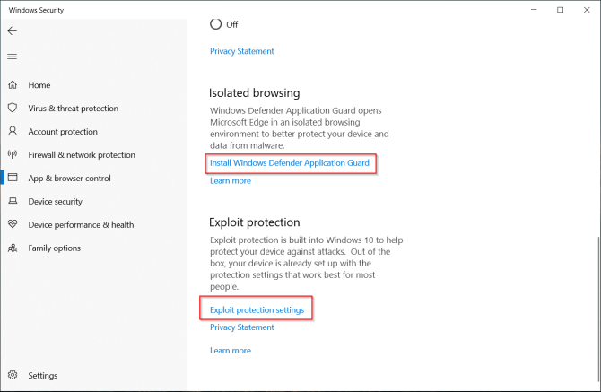 controlul setărilor pentru aplicații și browser în Windows Defender