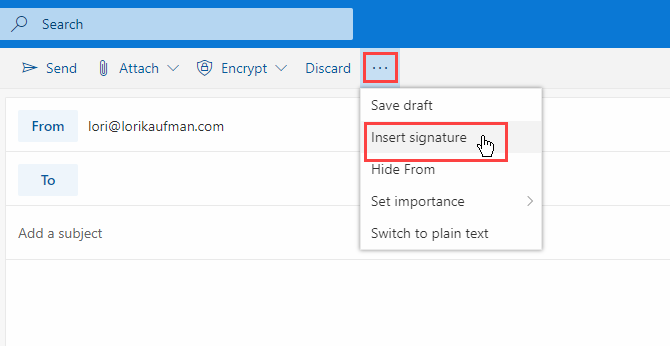 Selectați Inserați semnătura în Outlook în Office 365