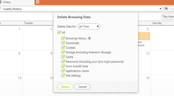 Captură de ecran a ferestrei de ștergere a datelor de navigare Vivaldi