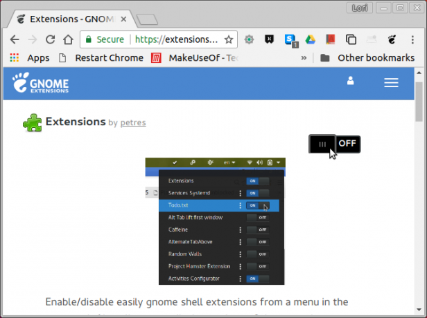 Activați o extensie pe site-ul web Extensii GNOME în Chrome