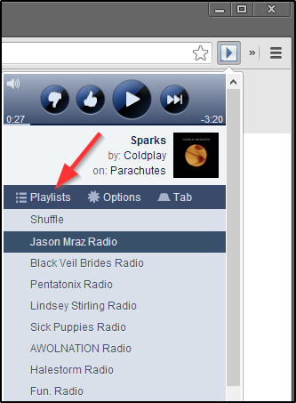 SoundControl Beta pentru Pandora - dropdown cu playlist-uri