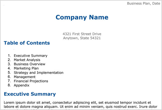 Șablon de plan de afaceri Google Docs