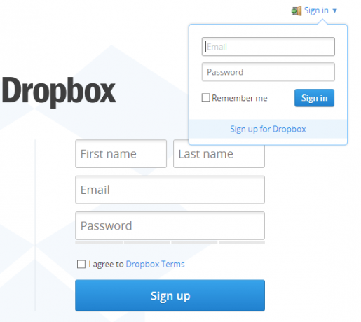 interfață web dropbox