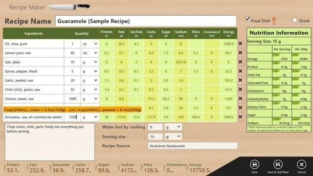 rețetă și profil nutrițional Windows 10 aplicație