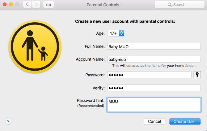 mac creează un cont de control parental