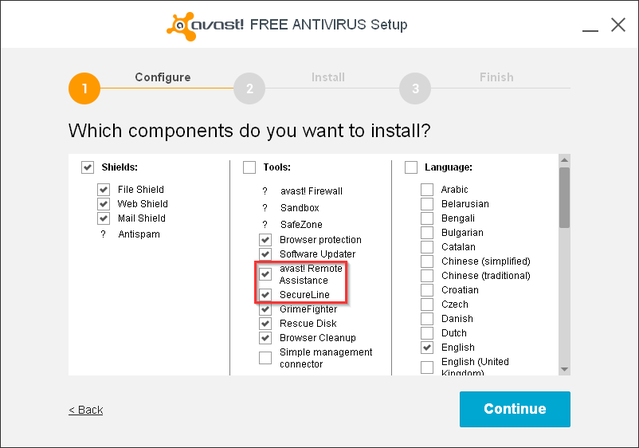 Avast - Instalare - alegeți compenenții de instalat